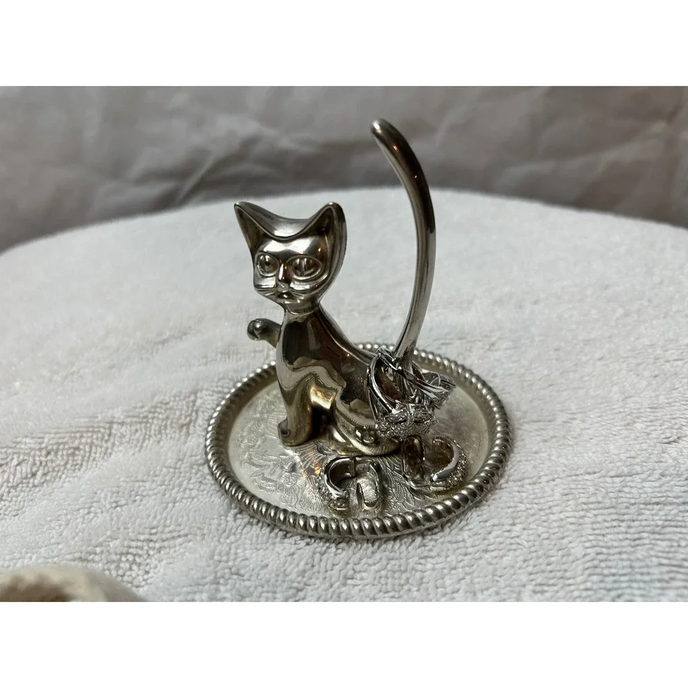 Cat Ring Holder Silver Trinket Dish Jewelry Tray Kitty Kitten Decor